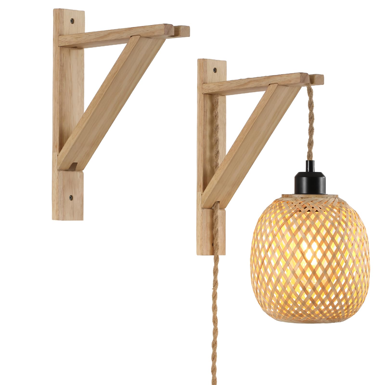 SEEBLEN Rustic Wood Wall Mount Brackets (Set of 2) - Light & Natural Finish for Hanging Pendant Lights, Plants, Shelves - Adjustable Plug-in Cord Kit, Farmhouse & Industrial Home Decor