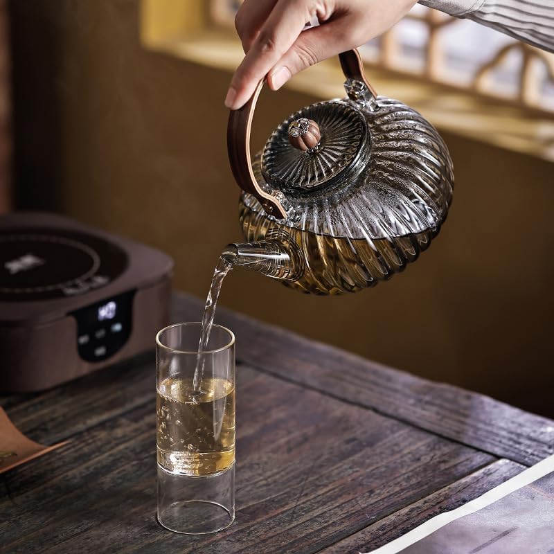 Image of Premium Glass Teapot 1000ml for Loose Leaf Tea - Heat Resistant Borosilicate Kettle with Wooden Handle, Removable Filter & Drip-Free Spout, Ideal for Green, Black Tea