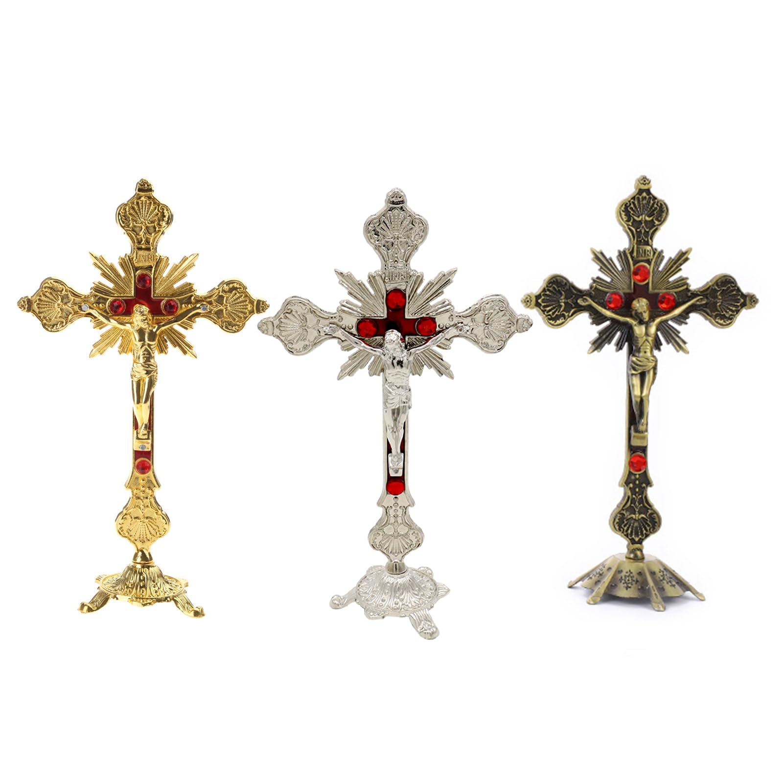 Crucifix Debout Kissmii En Alliage Doré Avec Socle - Décoration Religieuse Et Cadeau