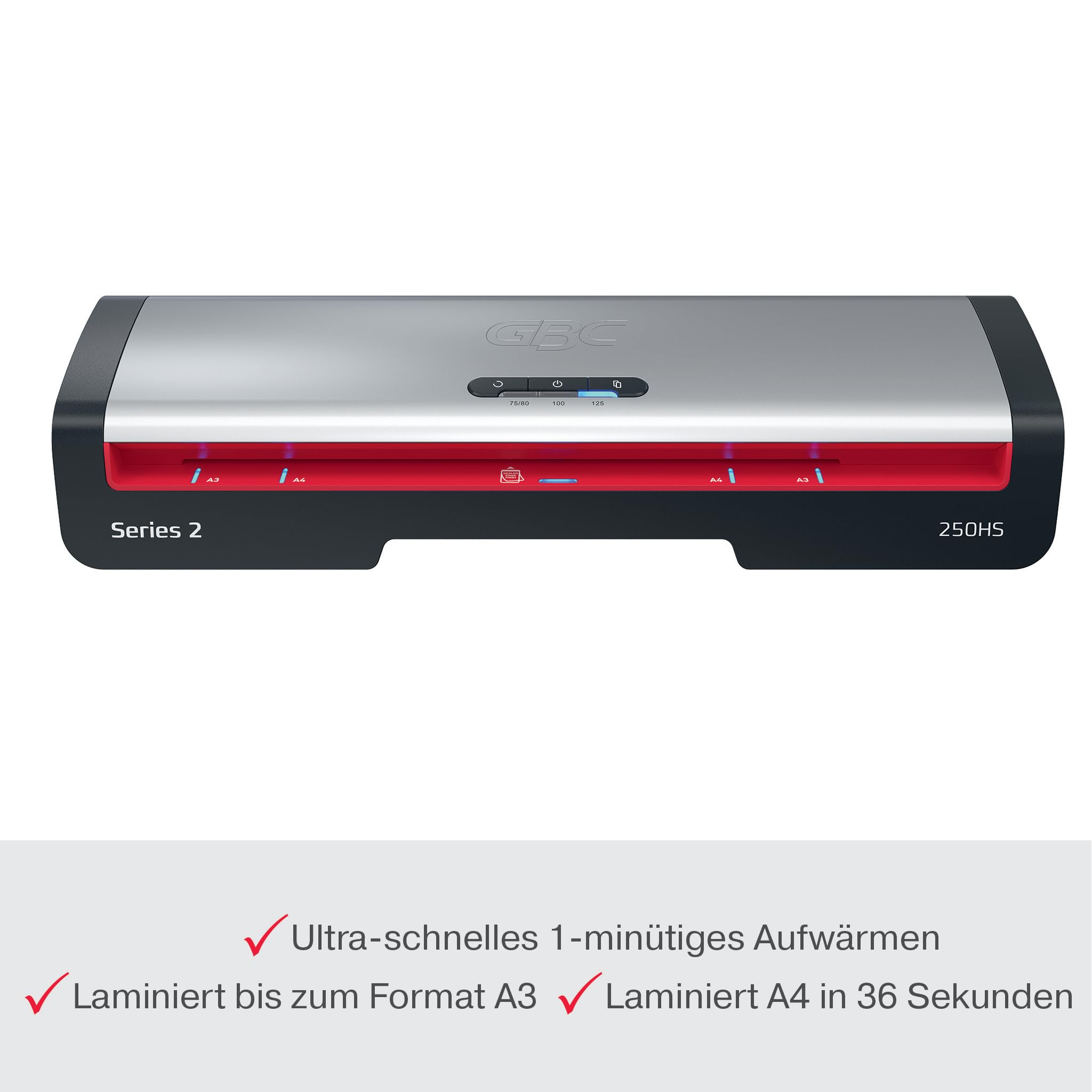 GBC 250HS Office A3 Laminiergerät - High Speed Laminieren, schnelle Aufwärmzeit von 1 Min, 75-125 Mikron, Anti-Stau, Auto-Abschaltung, inkl. 5x A4-Laminierfolien, Schwarz/Rot, 4410071EU