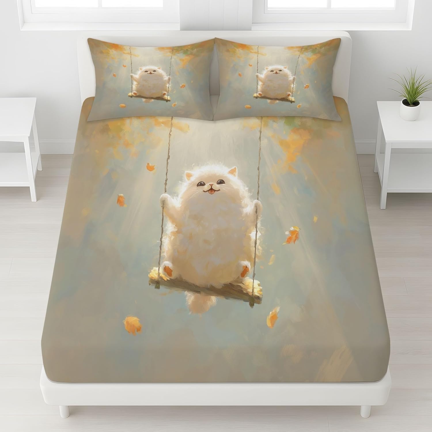 Cat Double Fitted Sheet Feathers Bed Sheets Deep Pocket 12 inch (30 cm) Soft Cozy 3 Piece Microfibre Bed Sheet 135x190 cm with 2 Pillowcases 50x75 cm