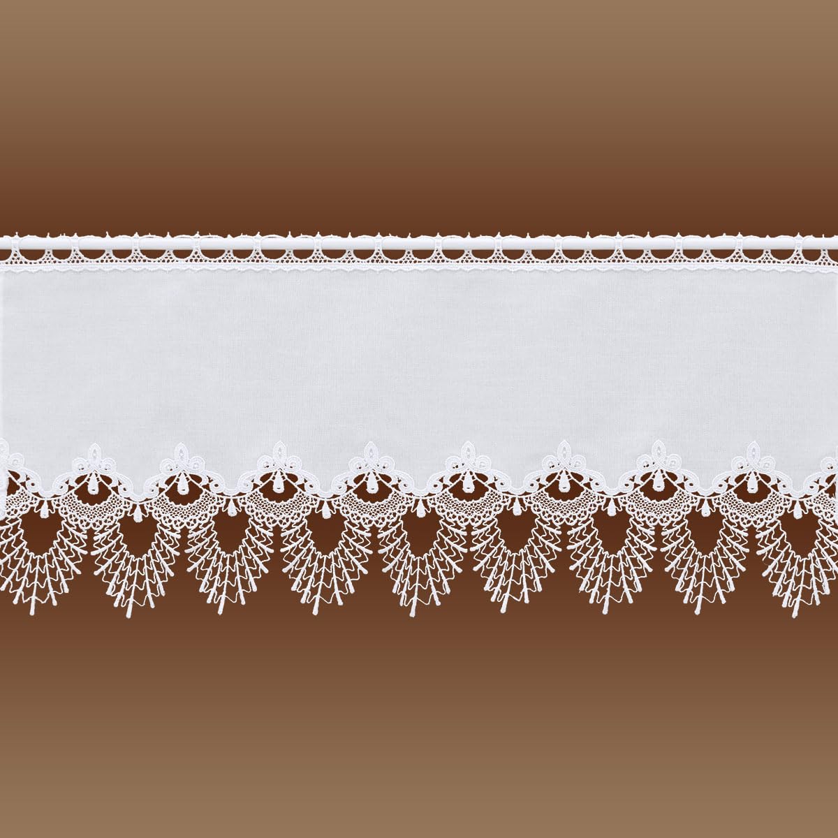 Feenhaus-Scheibengardine Nastja aus Vogtländischer Spitze - Landhaus-Scheibenhänger mit Fächerspitze weiß | klassische Spitzengardine handgefertigt | rustikal-moderne Bistro-Gardine HxB 35 x 106 cm