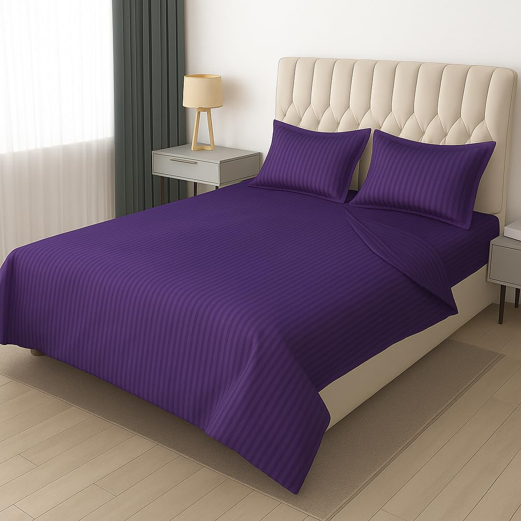 DECOR2ADMIRE 300TC Cotton Plain Stripe Queen Size Double Bedsheet for Double Bed with Two Pillow Covers (Queen, Purple) (90 * 100 Inches)