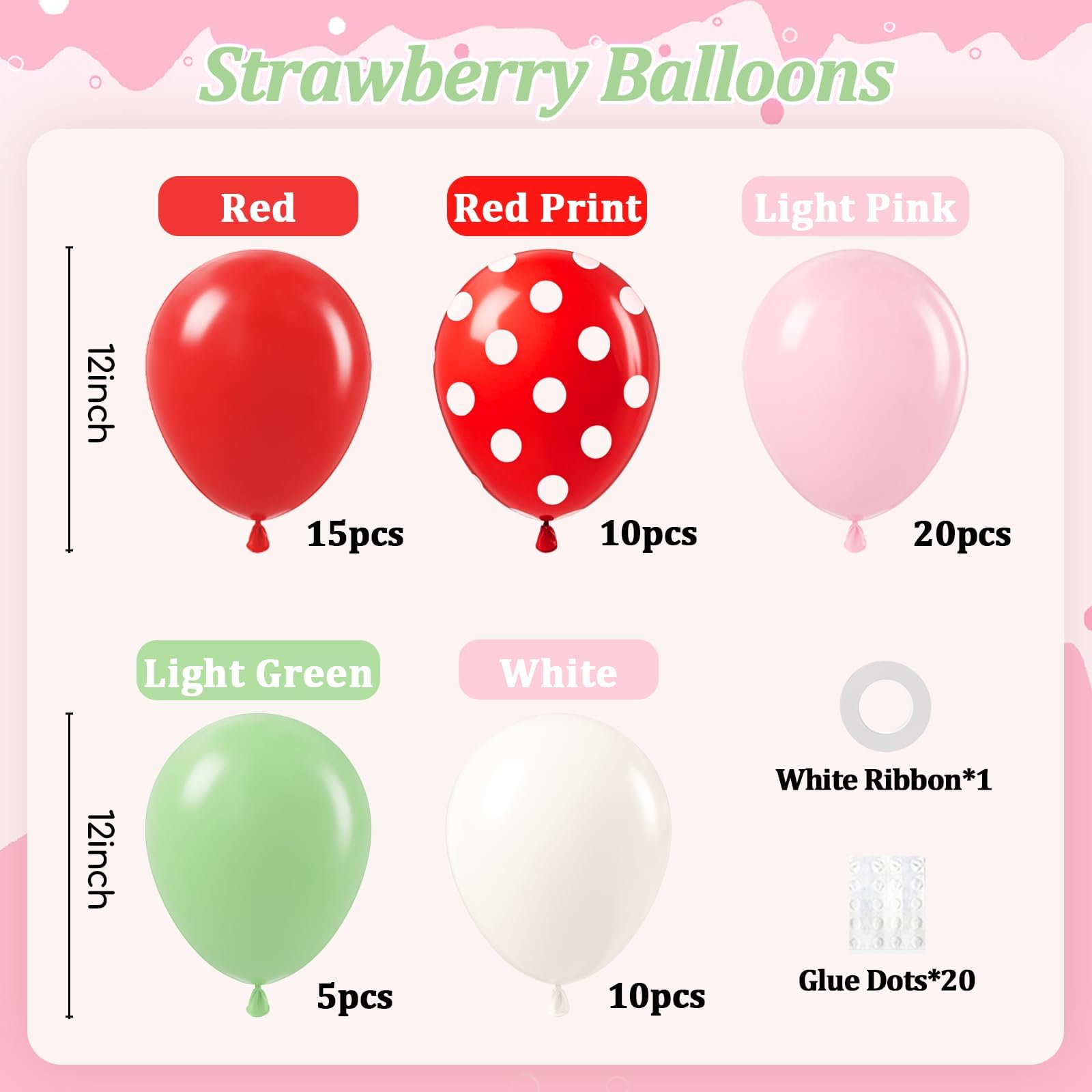 60 balonów truskawkowych 30 cm, różowe i czerwone balony z białym jasnozielonym balonem na truskawkowy baby shower, dekoracje na przyjęcie urodzinowe