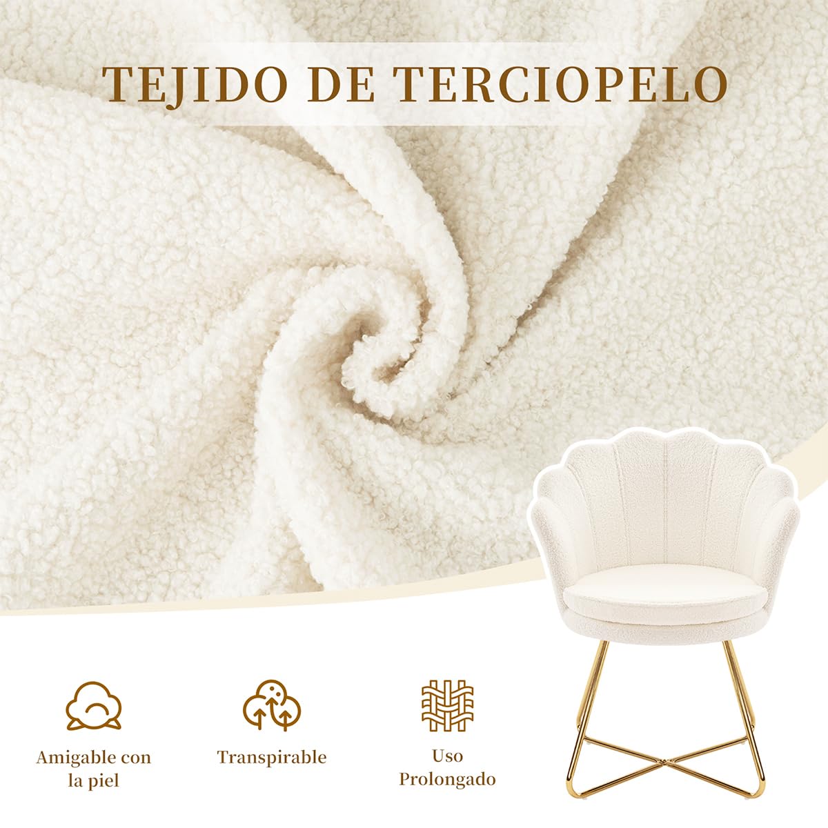 Hellove Silla Sherpa para Tocador y Dormitorio, Sillón Relax de Tela Suave con Piernas Metálicas Doradas, Diseño en Forma de Concha/Floreta, Silla de Maquillaje para Dormitorio/Salón, Blanco