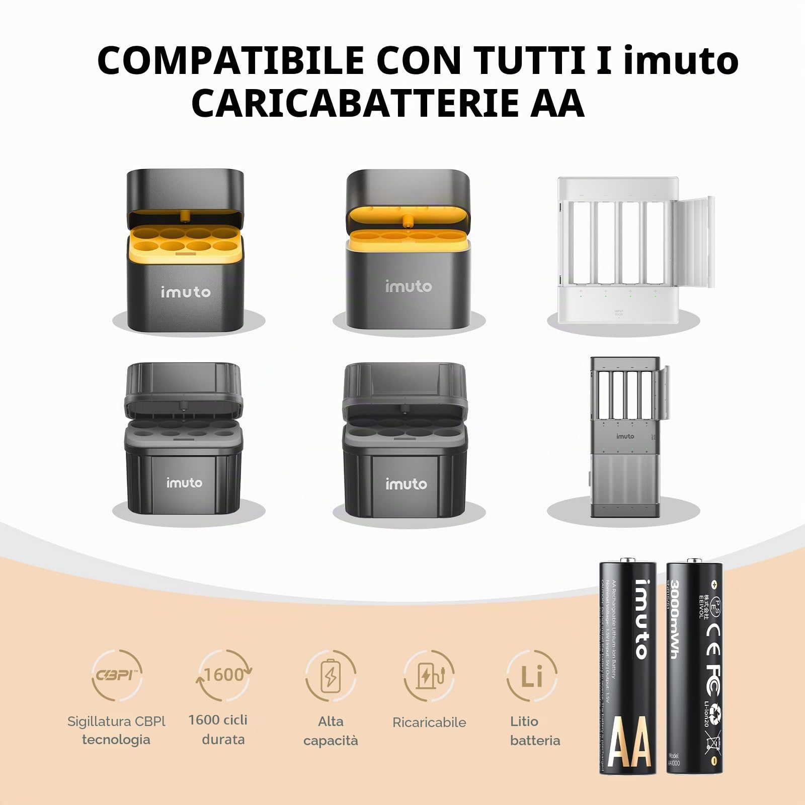imuto 8 batterie AA ricaricabili al litio 1,5 V (3000-IMU8AA)