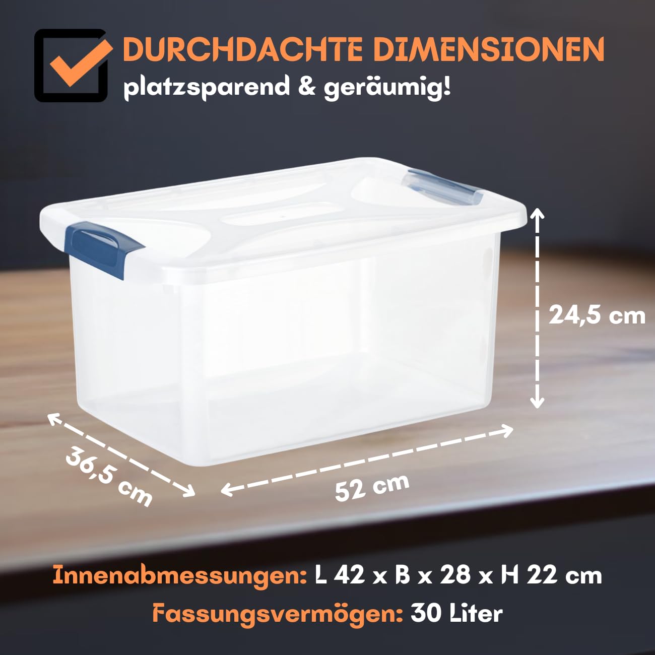 5 x Aufbewahrungsbox mit Deckel und Verschluss-Clips, dunkelblau-transparent, 30 Liter, Plastik-Box, stapelbar, stabil, BPA-frei, lebensmittelecht