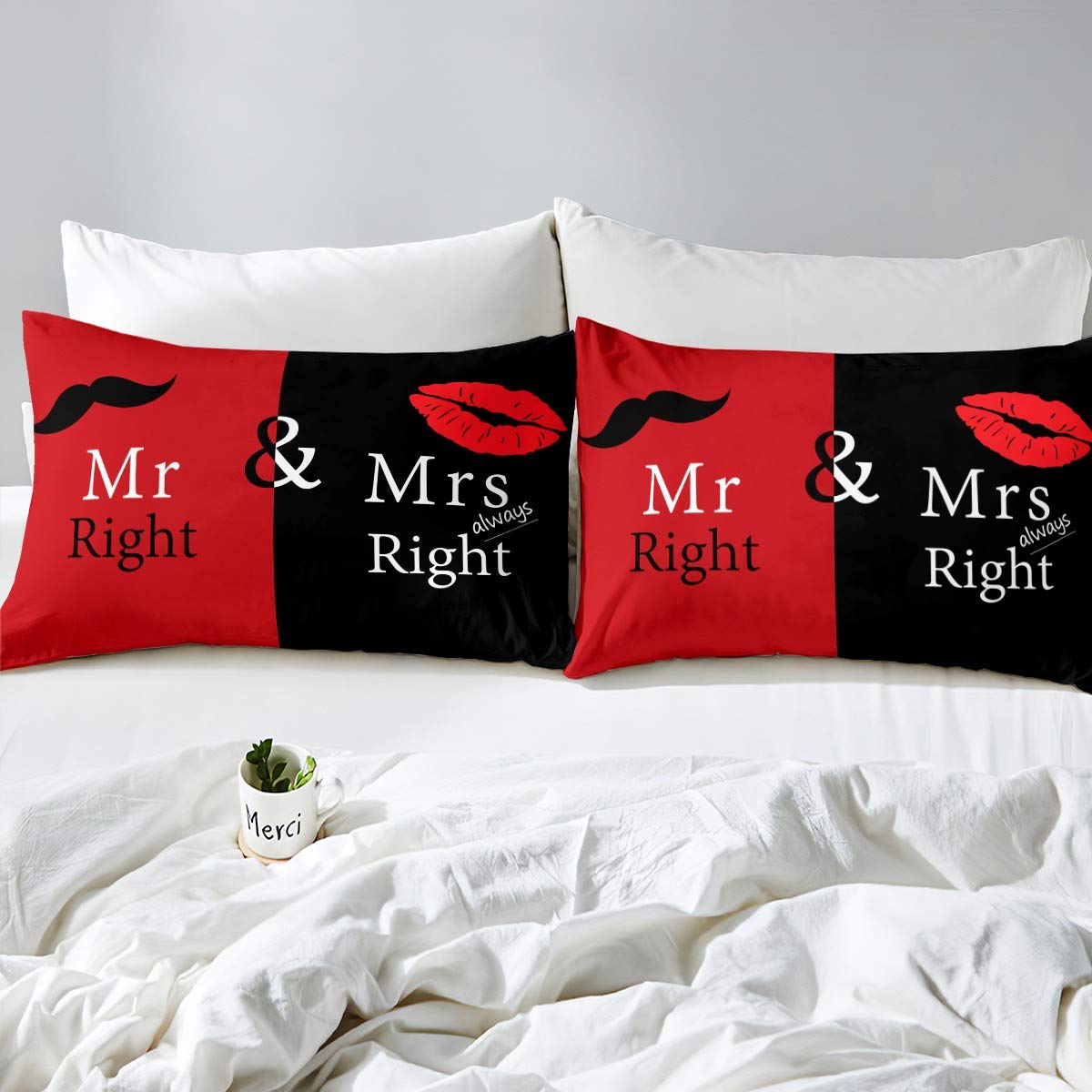 Loussiesd Mr Mrs Bedding Set Black Red Creative Duvet Cover Set Love Man Mustache Woman Lip Romance Bedding & Linen Funny White Quote for Lover Couple Valentine Day Home BedQuilt Cover King - Image 4