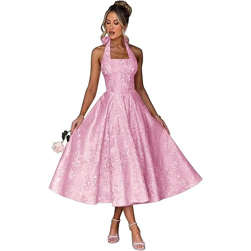Verngo Satin Jacquard Tea Length Prom Dress for Women 2026 Midi Halter A Line Formal Evening Gowns with Pockets
