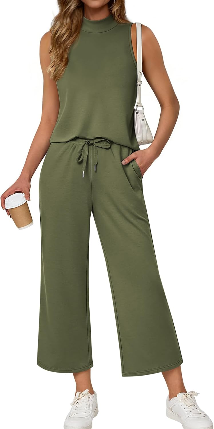 ATHMILE Two Piece Sets for Women Spring Summer Outfits Lounge Travel Mock Neck Drawstring Wide Leg Pants Tops Beach Vacation