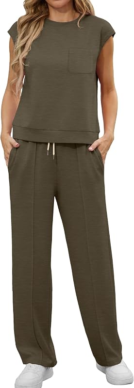 GRECERELLE Survêtement deux pièces Femmes Tenues d'été Ensemble Casual Crew Neck Cap Sleeve Tops et jogging Survêtements avec poches