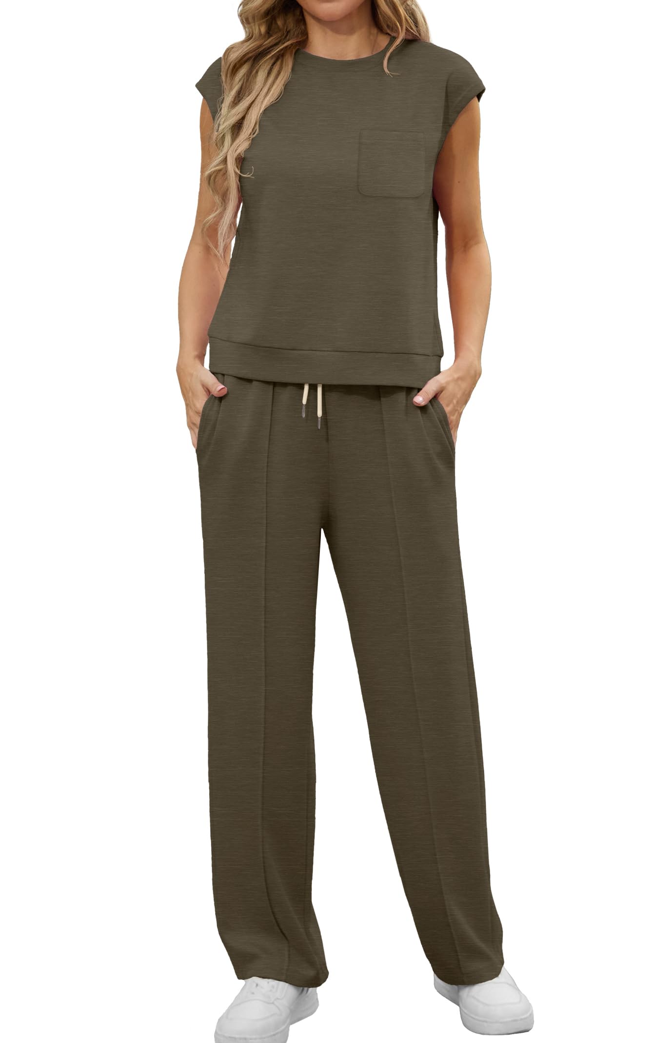 GRECERELLE Survêtement deux pièces Femmes Tenues d'été Ensemble Casual Crew Neck Cap Sleeve Tops et jogging Survêtements avec poches