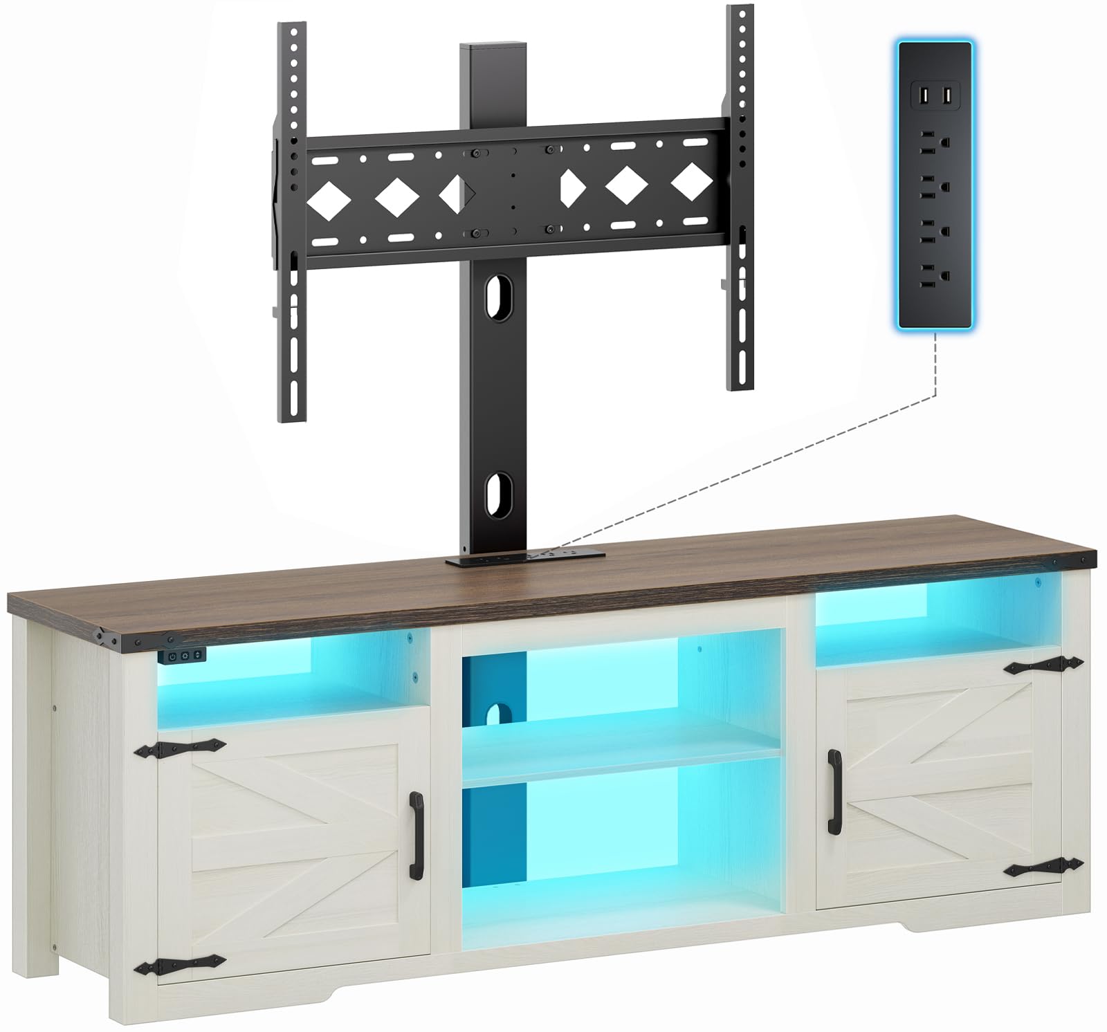 TV Stand with Mount, Entertainment Center for 32-65 75 inch TVs with Charging Station LED Lights, Farmhouse TV Console with Storage for Bedroom, Living Room