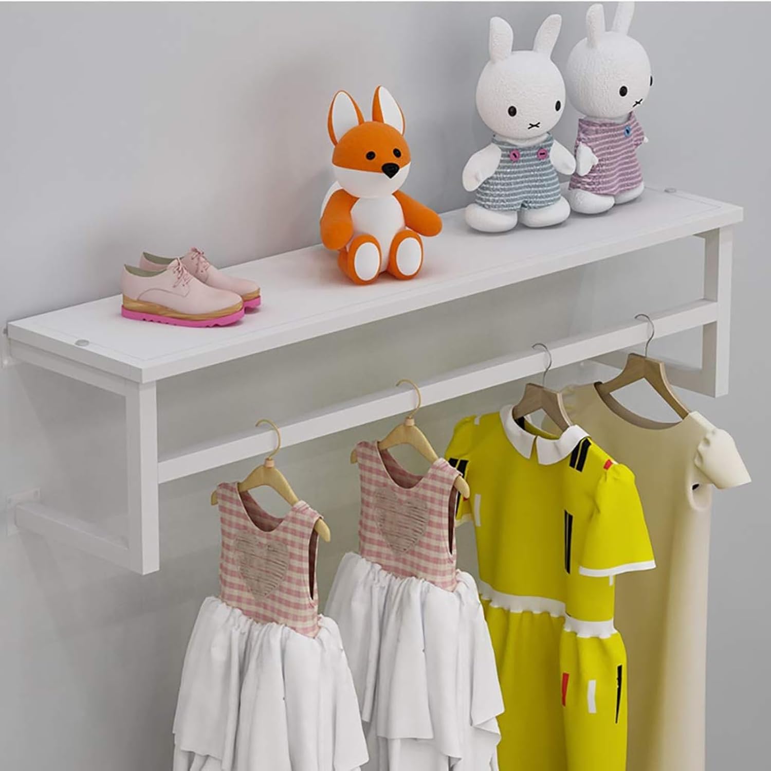 アイアン製壁掛け洋服ラック、フローティングシェルフとハンギングロッド付き - 80cm 衣類ディスプレイラック、多目的コート＆衣類オ