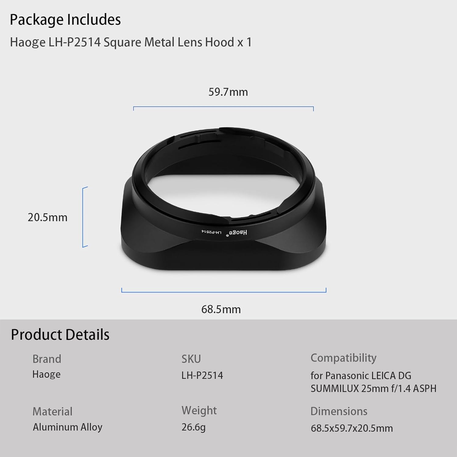 Haoge LH-P2514 Square Metal Lens Hood for Panasonic Leica DG SUMMILUX 25mm f/1.4 ASPH Lens dg25 25MM F1.4 Bayonet-Mount Lens Shades H-X025