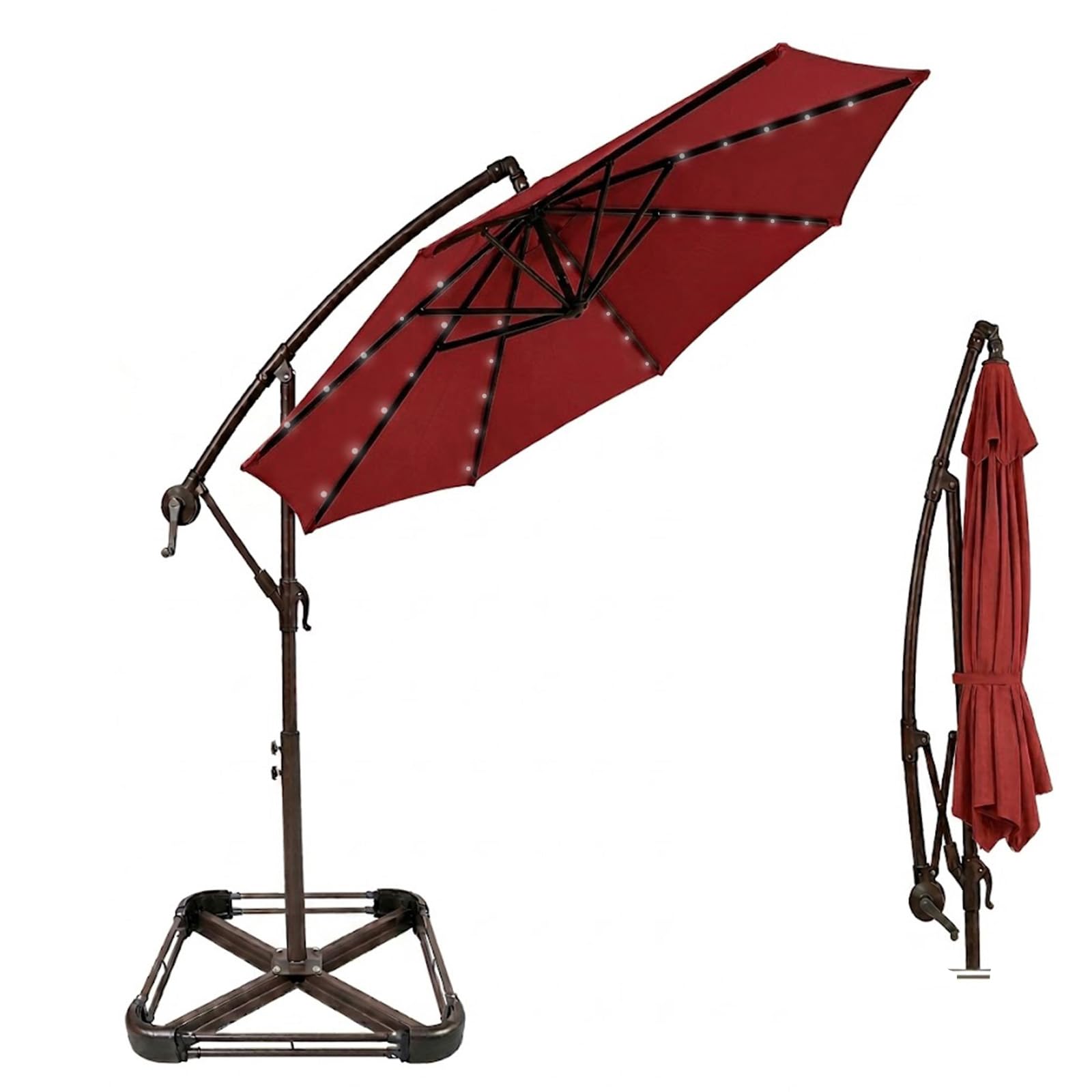 3M Cantilever Patio Umbrella with Solar Light & Base for Patio Deck