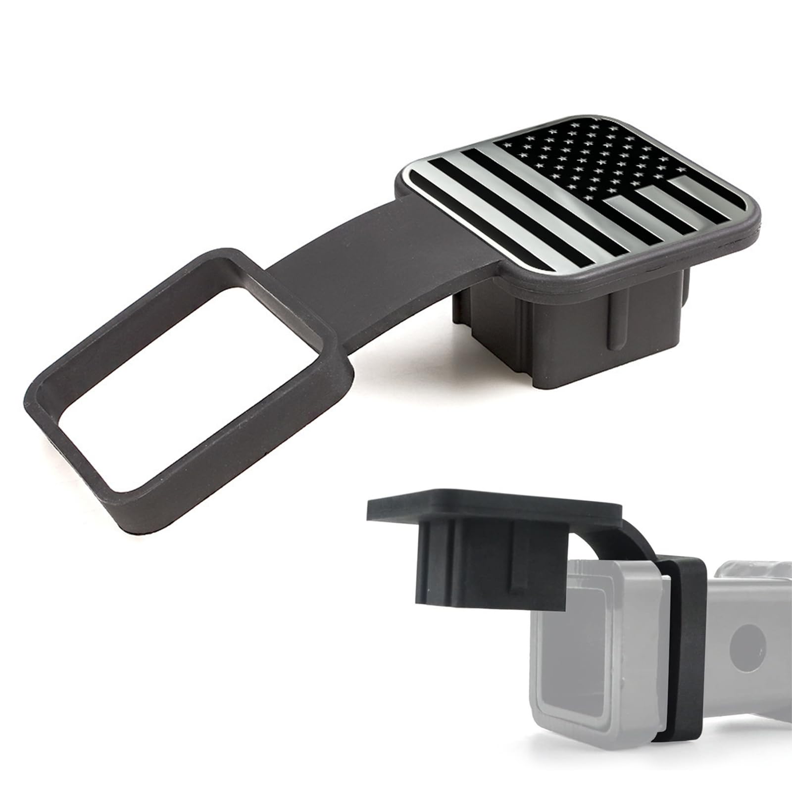 Pack-1 Square Mouth Protection Cover Traction Cover, Trailer Hook Dust Plug, Rubber Trailer Hitch Dust Plug, Fit for RV SUV and Cars (American Flag Silver)