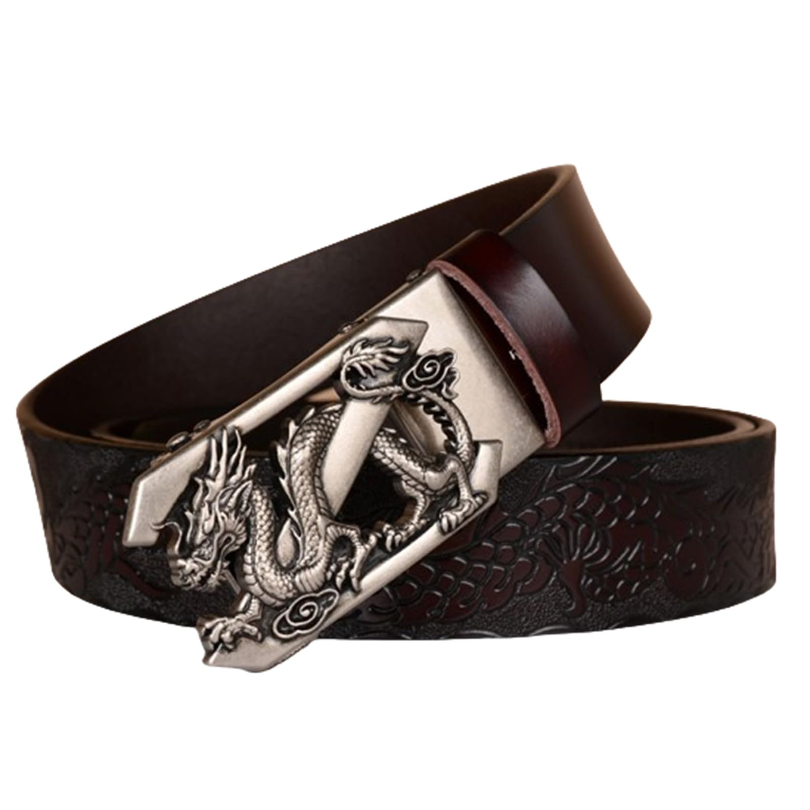 Nalany Men's Brown Ratchet Belt With Engraved Dragon Slide Buckle Western Cowboy Dragon Engraved Handmade Embossed Belts For Jeans(110Cm/43, )