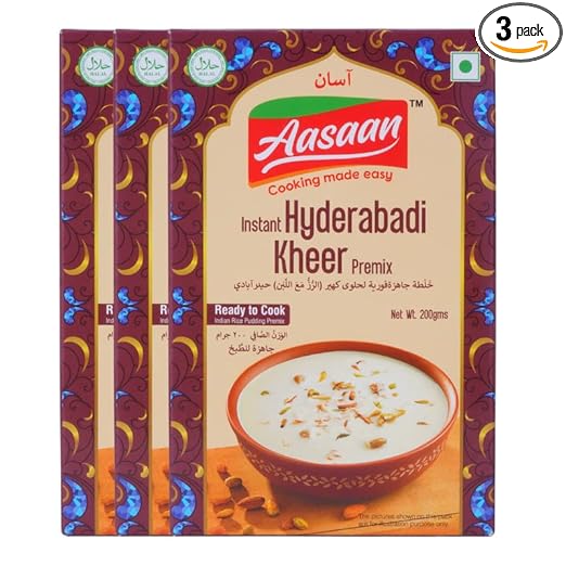 Aasaan Kheer Premix 200gms, Ready to Cook Kheer Mix, Instant Hyderabadi Kheer Premix, Indian Sweets Kheer Ready Mix Vegetarian Dessert , Kheer Instant Mix 200G, Indian Rice Pudding Premix (Pack of 3)