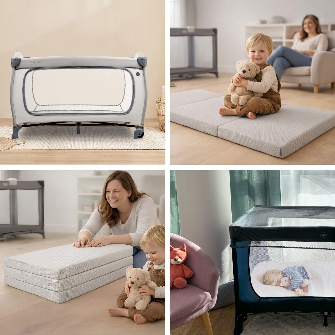 hauck Lettino da Viaggio Sleep N Easyfold con Materasso e Zanzariera, Lettino Pieghevole per Neonati con Ruote, Apertura Laterale e Borsa Trasporto, Dark Grey
