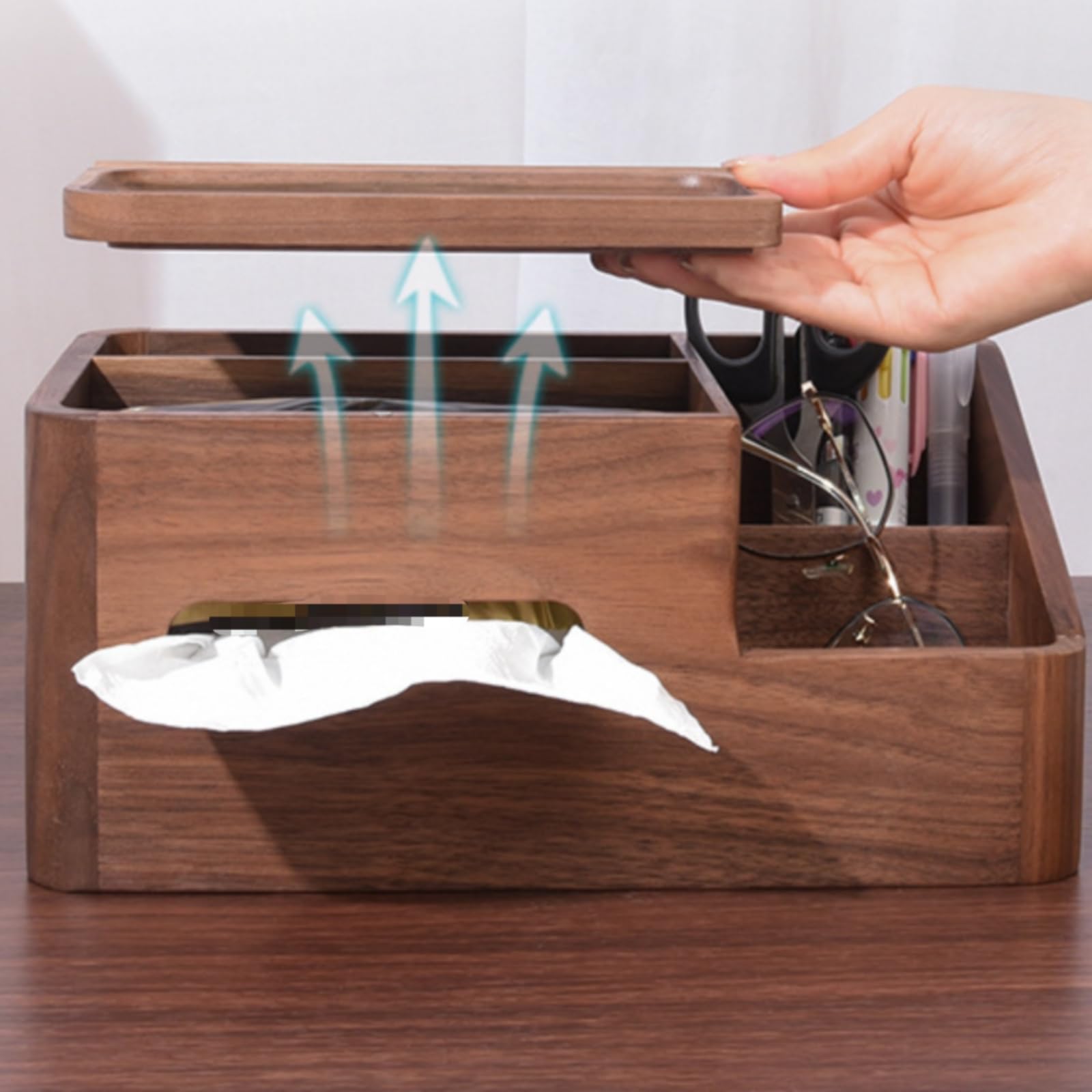 Baoblaze Porta Fazzoletti da Scrivania Scatola Porta Tovaglioli Distributore Organizer in Legno Multifunzionale E Supporto Telefono in Adatto per Scrivania, Noce, Legno Naturale, Scuro