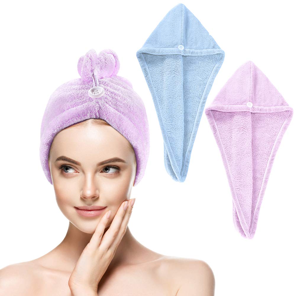 Hair Drying Towel Wraps, 2 Pack Microfibre Towel Twist Turban with Button Design Super Absorbent Quick Drying Hair Towel for Curly/Long/Thick Hair