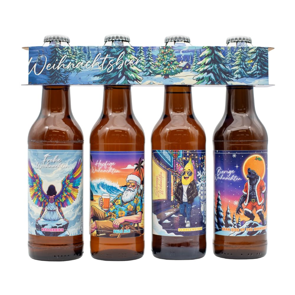 Cannstatter Keller Weihnachtsbier – 4x 0,33l handgebrautes Bier im Festdesign – Limitierte Winter-Edition im Kartonträger – Kellerbier, Weißbier, Pale Ale & Dunkelbier – Unfiltriert & naturbelassen