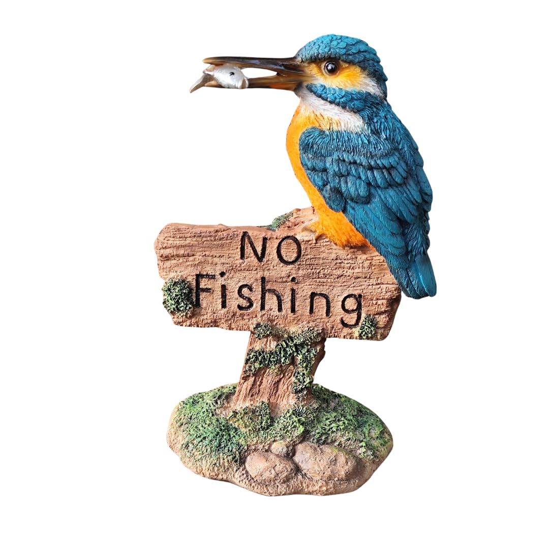 Vivid Arts Kingfisher on ‘No Fishing’ Sign – Small Resin Garden Ornament (17 × 10 × 7 cm)