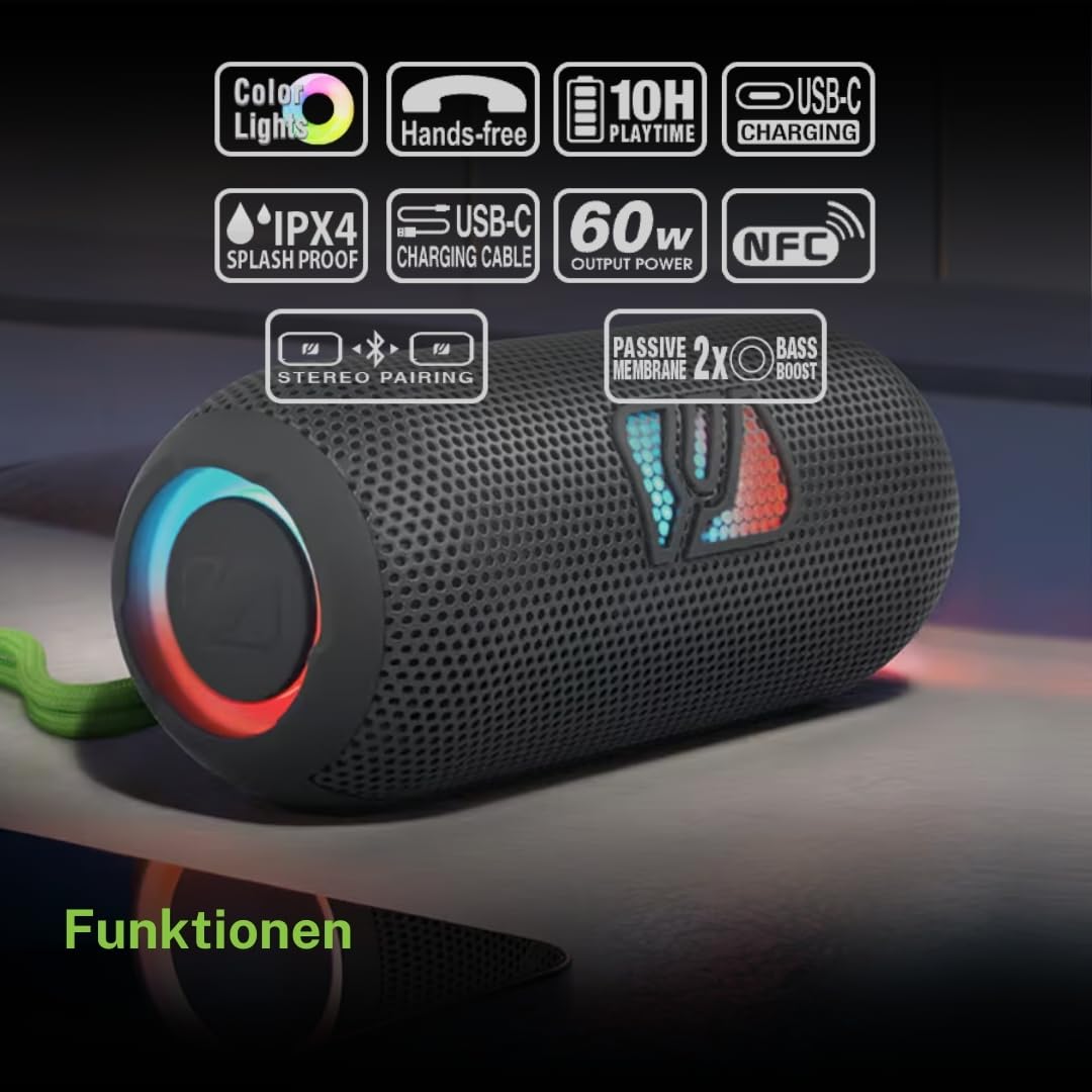 Muse M790BT. Altoparlante portatile Bluetooth resistente agli spruzzi con luci incorporate. Potenza 60 W. Mani libere. Possibilità di coppia Stereo. Connettore di ricarica USB-C. Batteria da 2700 mAh