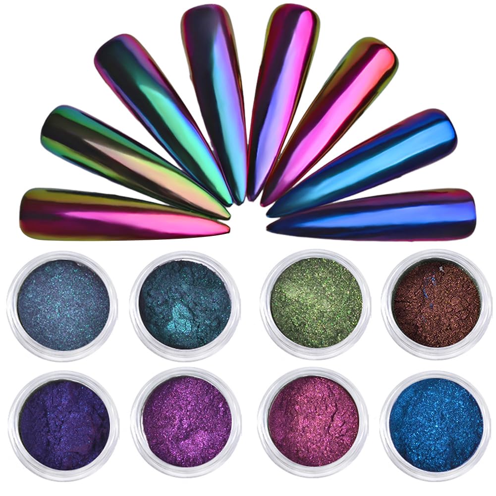 8 Colors Nail Powder Glitter Metallic Shining Metallic Mirror Effect Sparkle Pigment Glitter for Nail Art Manicure Decoration Home DIY Salon Eyeshadow Nail Decorations Accessories