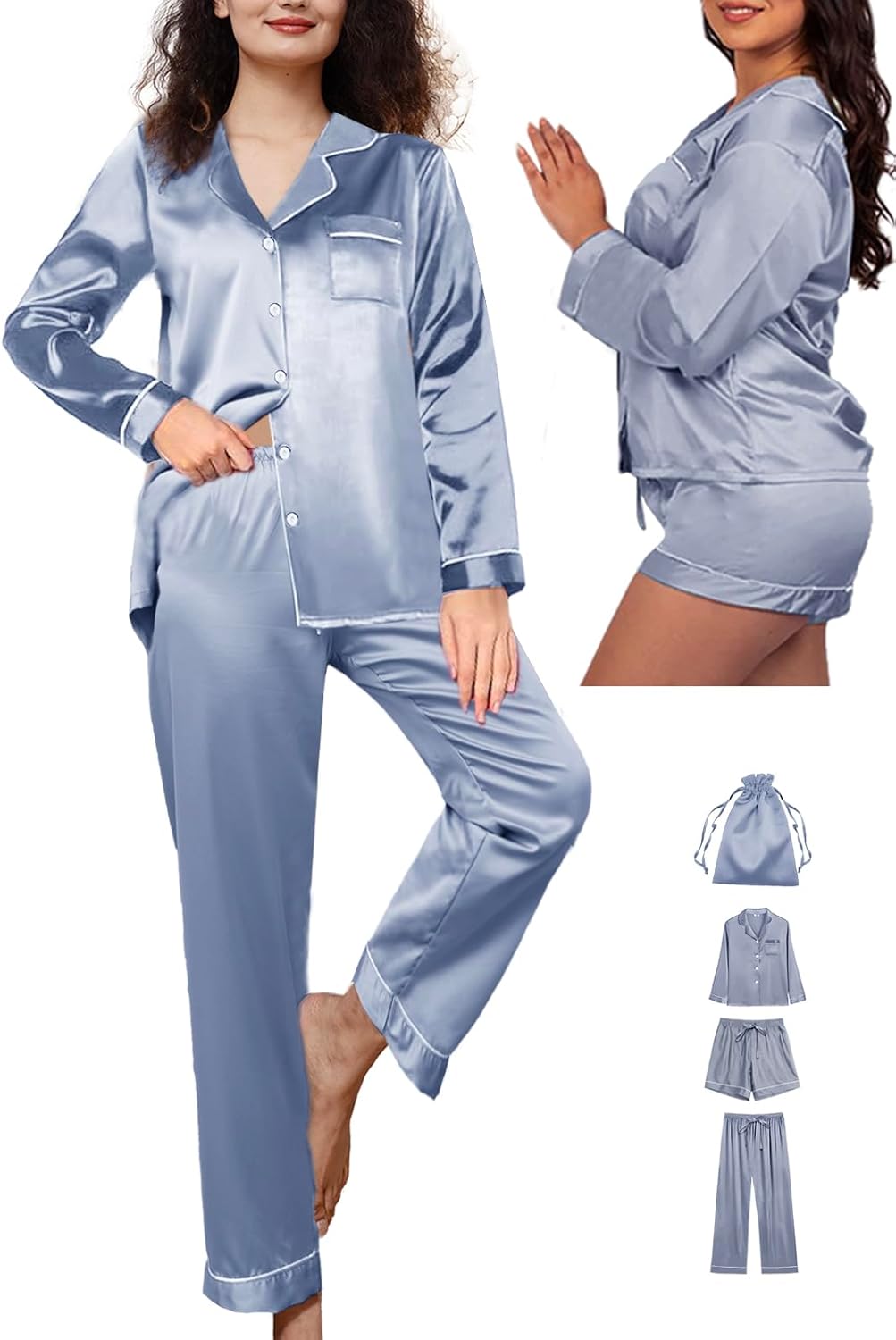 4Pcs Womens Silk Pajamas Set XS-XXL Satin Pajama Sets for women Silky Pj Set Sleepwear Pjs Nightwear Loungewear - Image 4