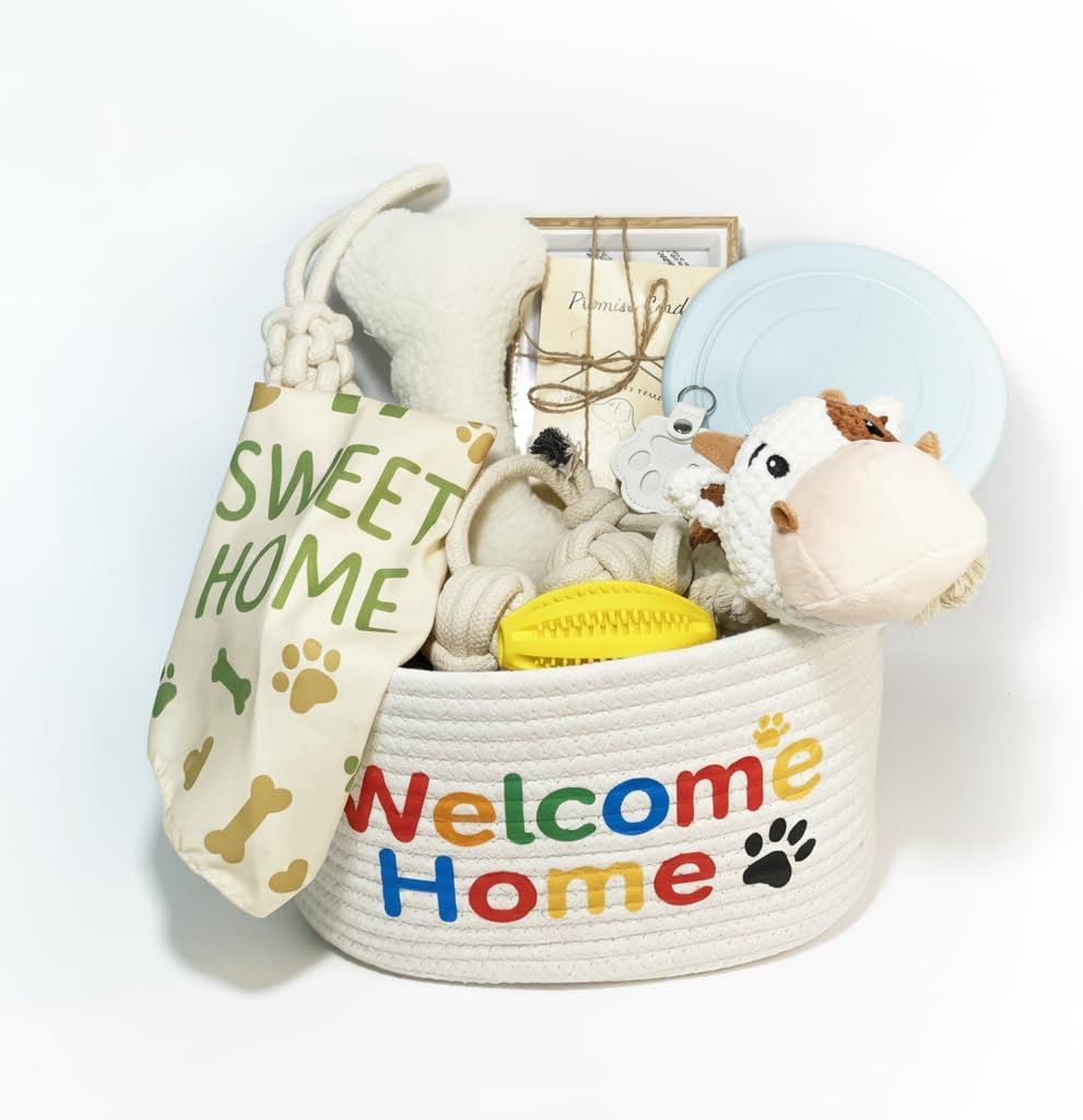 Welcome Home Dog Gift Basket - New Puppy Keepsake Box with Promise Card, Woven Storage, Bandana & Toys - The Perfect Dog Adoption Gift, A Thoughtful Gift for New Pet Owners