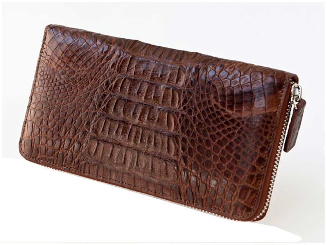 Men's Single Zipper Wallet in Caiman Crocodile tail Leather 8017cp Brown