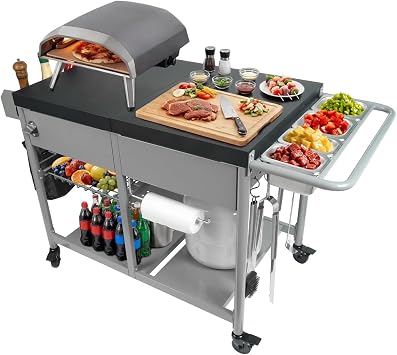 Pizza Oven Table Heavy Duty Outdoor Grill Cart for Blackstone 17/22 Inch | Griddle Metal Prep Station fits Ninja Woodfire Ooni BBQ Worktable with Trash Holder Propane Storage Mesh Shelves Black