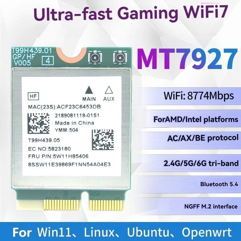 MT7927 Tarjeta WiFi Card Gigabit WiFi7 MT7927 9220M Wireless Network WiFi Card Bt 5.4 Tri-Band 2.4G/5G/6G Adaptador(MT7927 8DBsma) miniatura 7