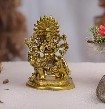 Purpledip Metal Idol Sherawali Mata Durga Ma Gold Finish Statue 12200