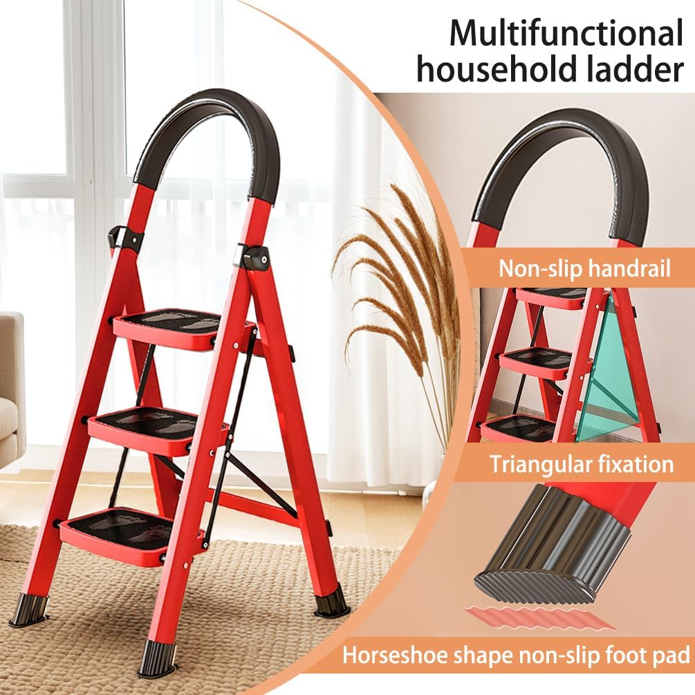 BAOYOUNI Step Ladder Foldable 3 Step Stool Heavy Duty Stepladders for Adults with Handrails and Anti-Slip Wide Pedal Household Tool for Home Office Garage Garden, 330lbs Capacity (Red+Black)