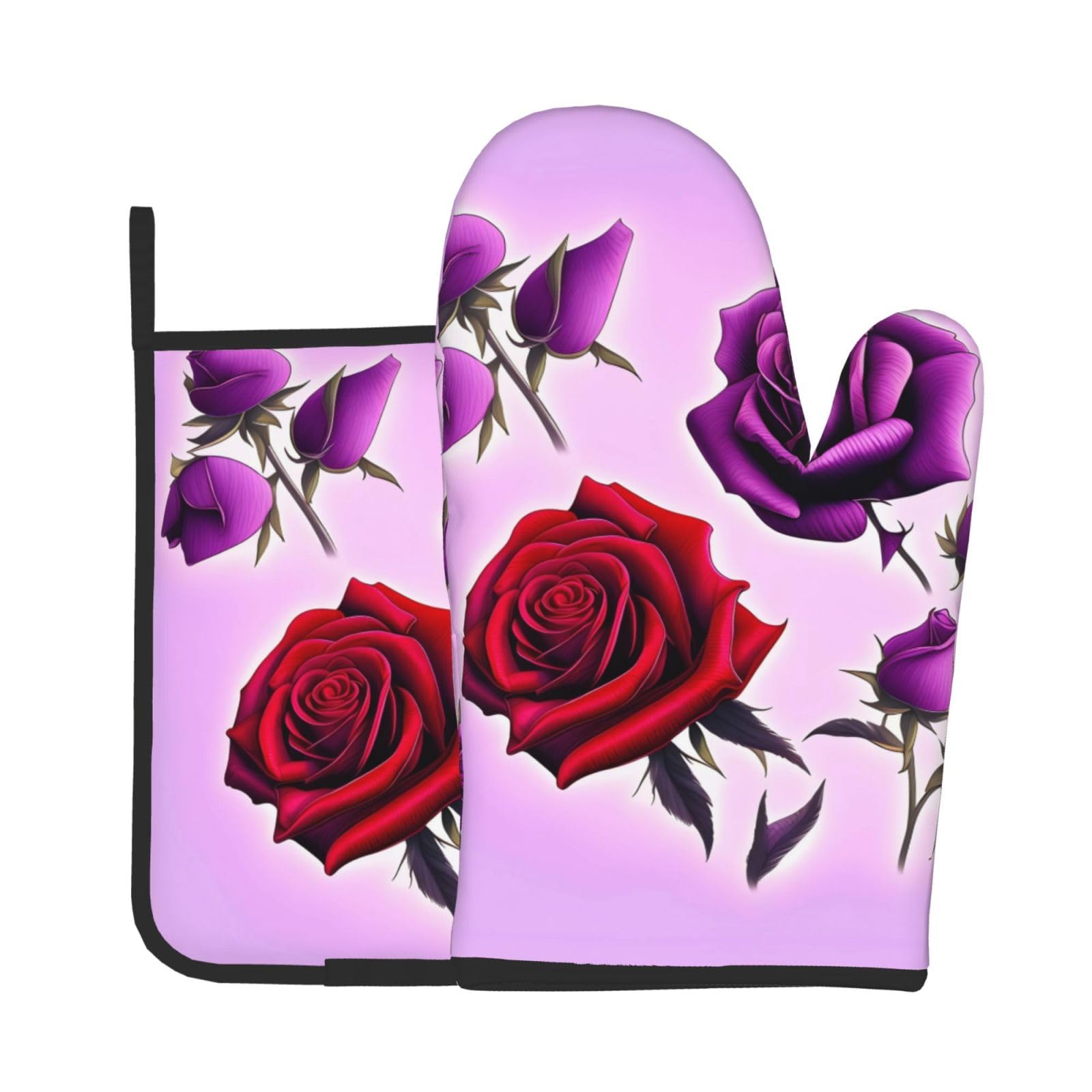 Oven Mitts and Potholders Set of 2 for Kitchen Baking Cooking GrayRed and Purple Roses Thick and Durable