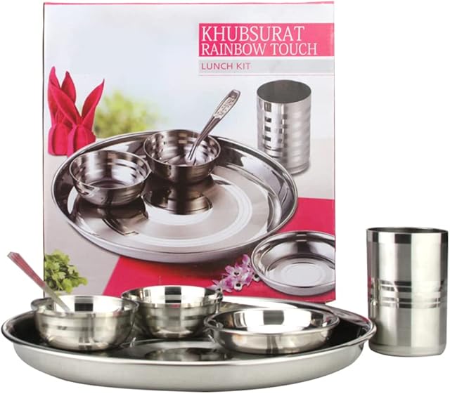 Stainless Steel Thali Dinner Set Indian 6PC Thali Lunch Dinner Traditional Serving Set with Thali Plate Small Plate Bowls Katori Spoon Tumbler, Round (30cm - Lining Design)
