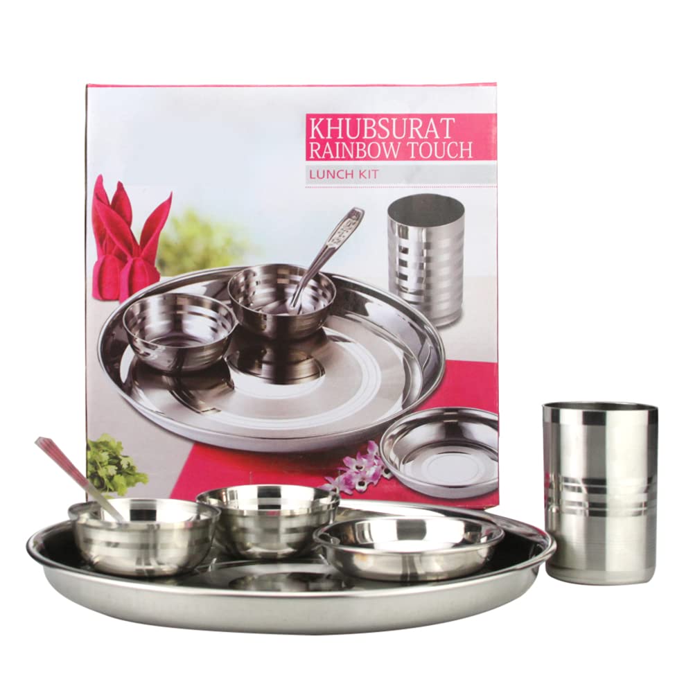 Stainless Steel Dinner Set with Thali Plate, Small Plate, Bowls, Katori, Spoon, Tumbler - Round (30cm - Lining Design) - 6PC Traditional Indian Lunch & Dinner Serving Set