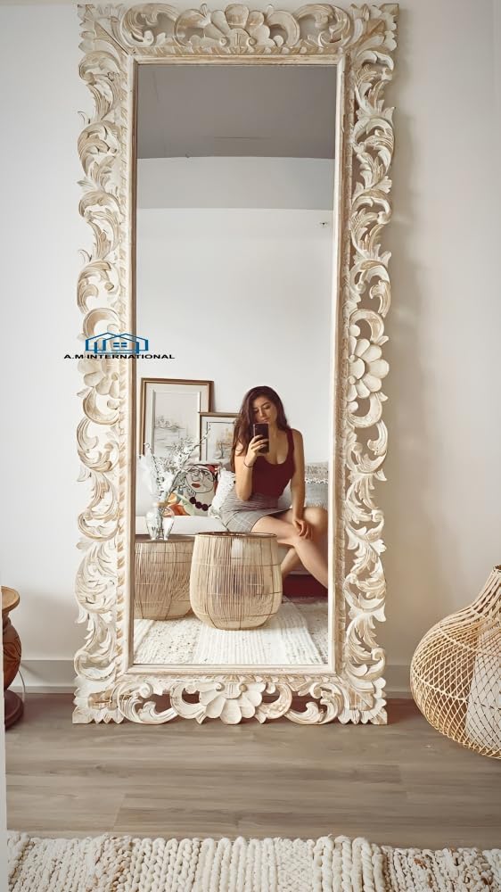 A.M INTERNATIONAL Rectangular Wooden Carved Full Length Mirror Frame For Living Room Bedroom Wall Decoration Floor Standing |6x3 Feet , (Without Mirror) (White Distress, 5x2.5)