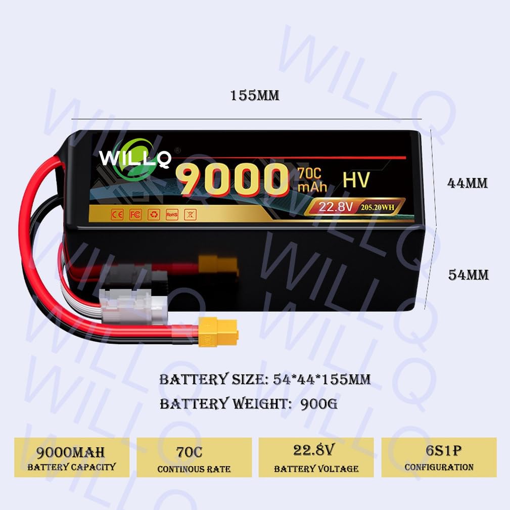 Batteria per drone radiocomandato ad alta tensione 9000mAh 6S 22,8V 70C | Rimovibile, portatile, guscio in PVC, leggero, spina XT60, di ricambio, ricaricabile