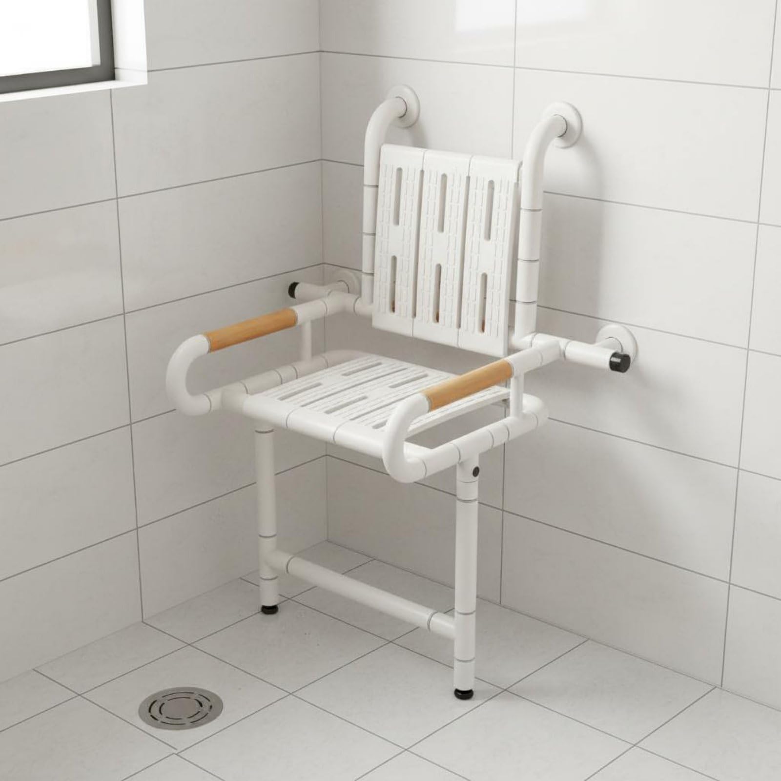 Asiento de Ducha Plegable Silla de Baño Taburete de Ducha Banco de Baño con Estructura de Pared Estable y Reposabrazos, Taburete Plegable De Pared Sin Respaldo