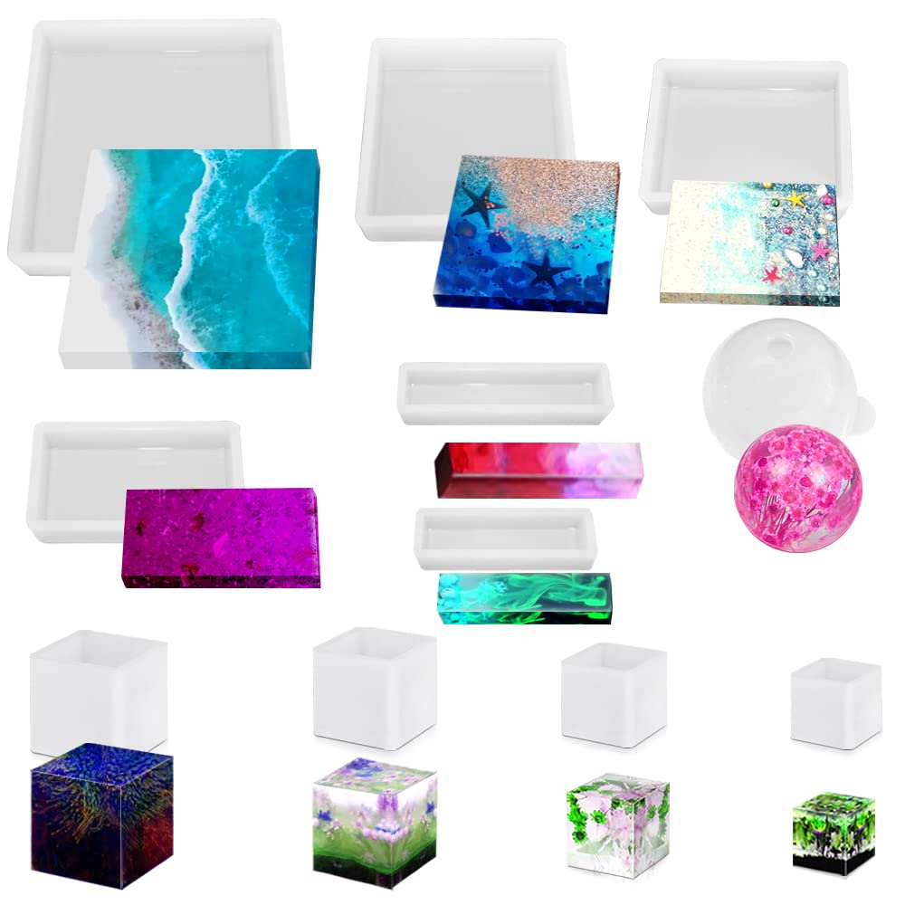 11 Pcs Resin Moulds, FineGood Epoxy Resin Moulds Silicone Square Ball Resin Mould DIY Cube Silicone Moulds for Resin Flower Preservation Jewellery Soap Specimen