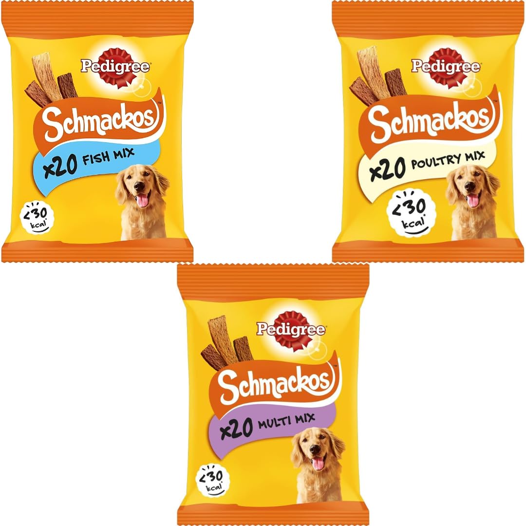 Pedigree Schmackos Variety Pack - 60 Tender Strips Dog Treats - Poultry, Fish, and Multi Meat Flavours - High Value Training Treats