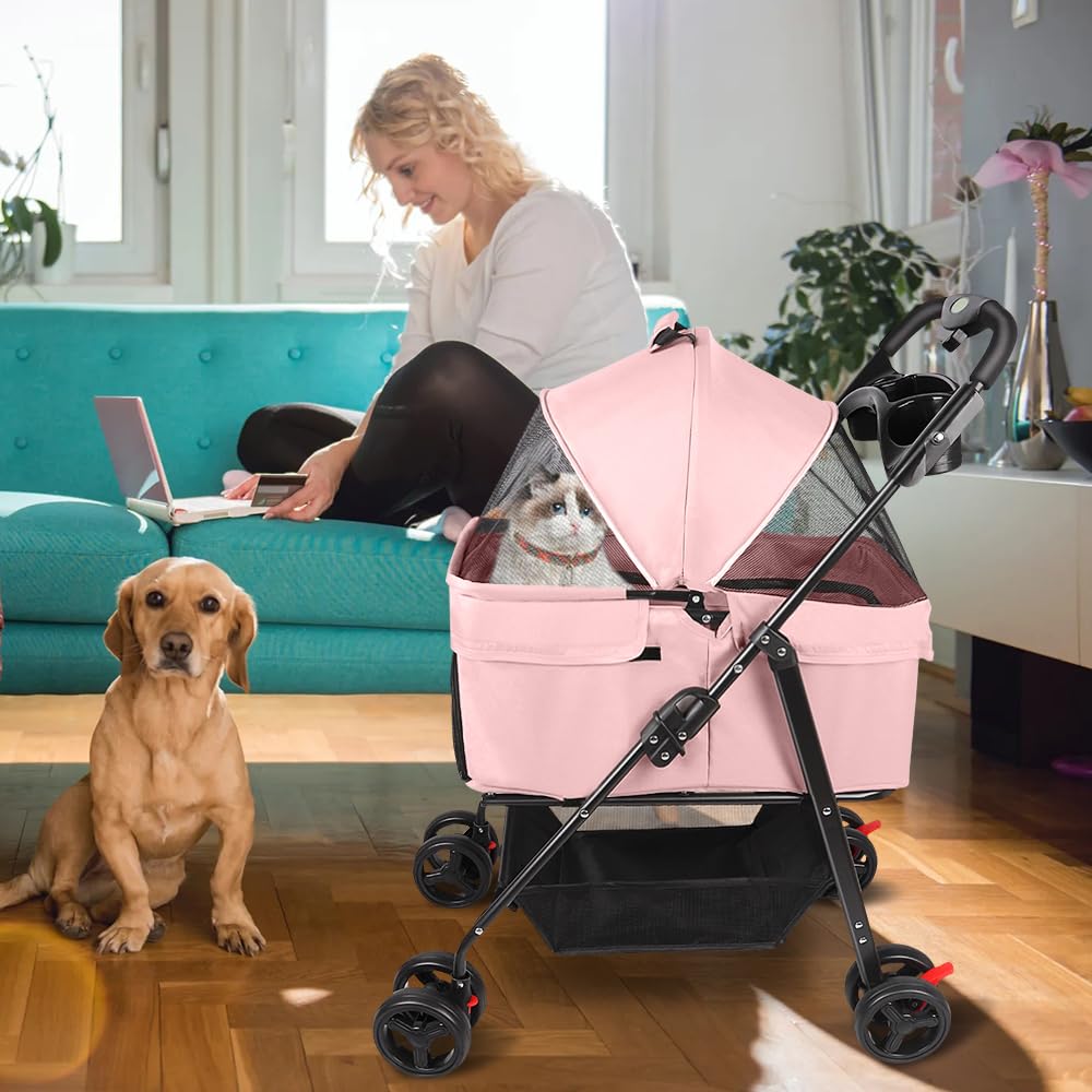 Homewell Passeggino per gatti e cani pieghevole, cestino rimovibile, passeggino per animali domestici, carrello per gatti portatile, con cestino ventilato, spazio di archiviazione e portabicchieri