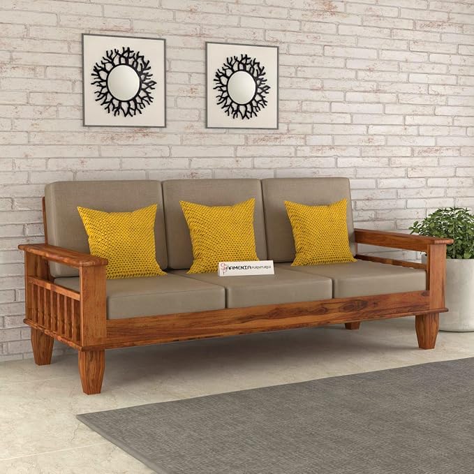 Image of Sheesham Wooden 3 Seater Sofa for Living Room | Rosewood 3 Seater Cushion Sofa with Side Newspaper Holder for Home & Office | Solid Wood Sofa Set for Lounge (Honey)