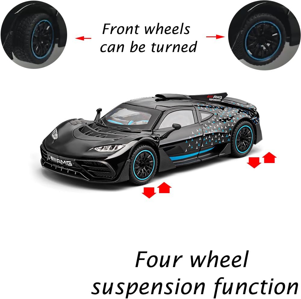 iLooboo Toy Car Model 1/24 Black AMG ONE Alloy Collectible Vehicle Pull Back Die-Cast with Lights and Sound