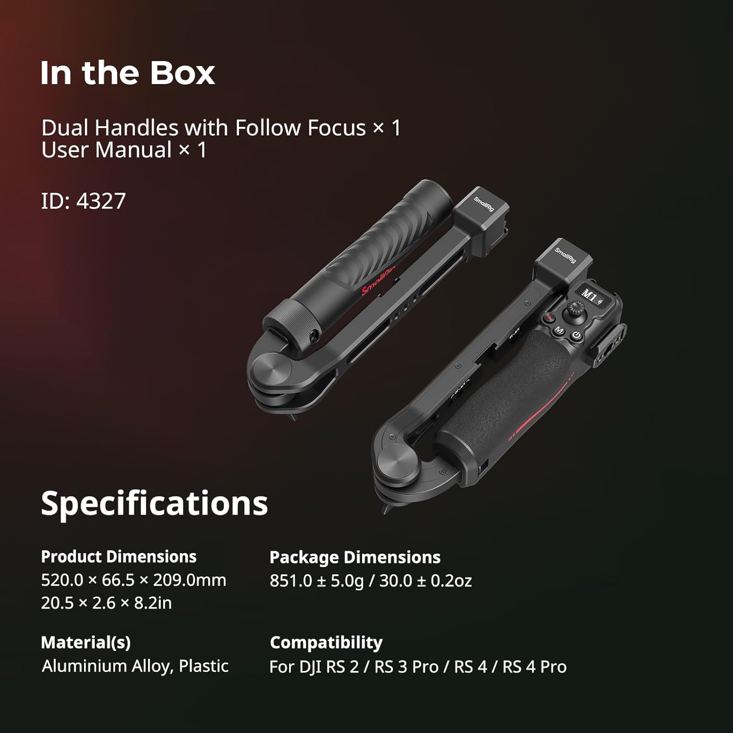 Contents of the SmallRig Focus Control Dual Grip box and product specifications