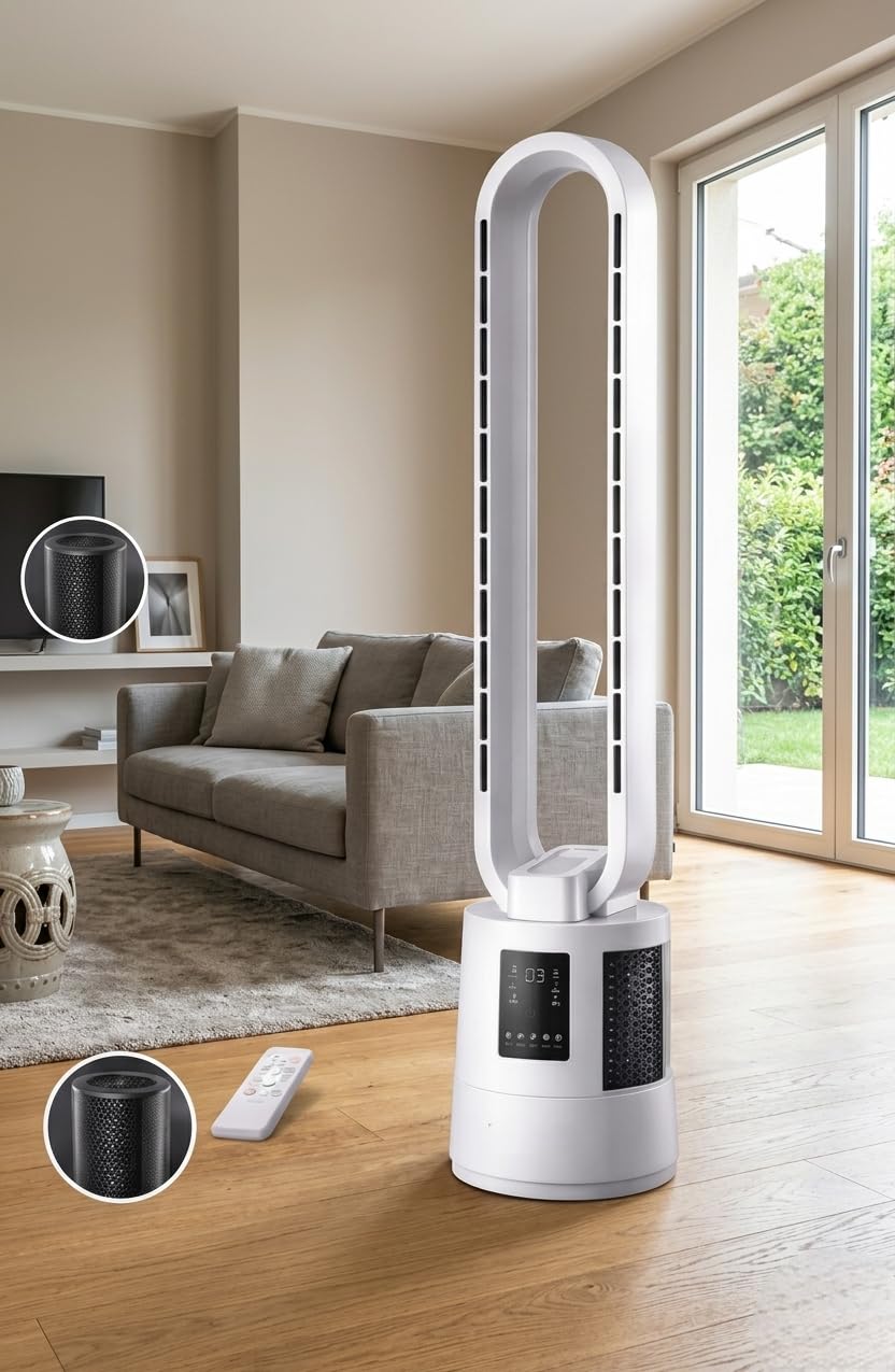 Ventilatore Senza Pale a Torre 1m Ventilatore Silenzioso con Filtro al Carbonio, Potenza 80W, Telecomando Incluso Display LED, Timer 8 Ore, Oscillazione 40° e Modalità Notte